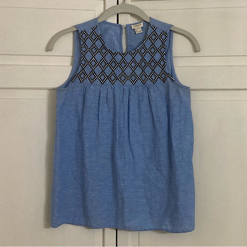 ⭐️ J Crew Denim Tank Top Size 00 Embroidered Diamond Cotton Linen